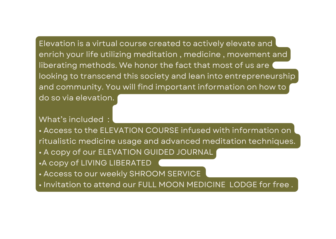 Elevation is a virtual course created to actively elevate and enrich your life utilizing meditation medicine movement and liberating methods We honor the fact that most of us are looking to transcend this society and lean into entrepreneurship and community You will find important information on how to do so via elevation What s included Access to the ELEVATION COURSE infused with information on ritualistic medicine usage and advanced meditation techniques A copy of our ELEVATION GUIDED JOURNAL A copy of LIVING LIBERATED Access to our weekly SHROOM SERVICE Invitation to attend our FULL MOON MEDICINE LODGE for free